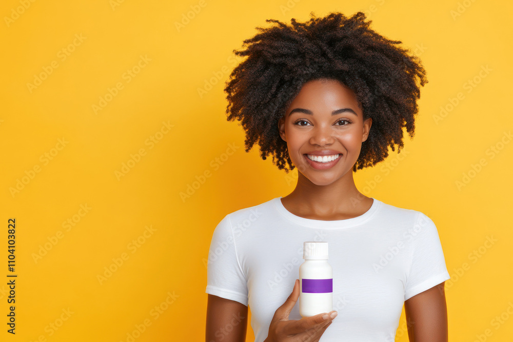 Joyful lady in white holding bottle against yellow color. Joyful lady in white holding bottle against yellow color.