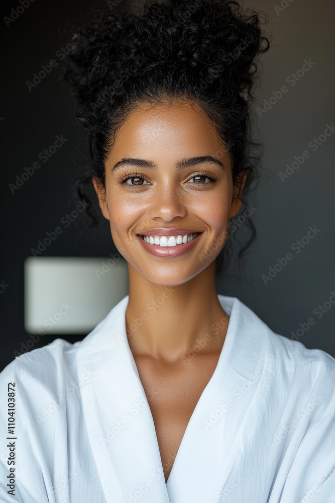 A beautiful woman with curly hair is smiling warmly while wearing a white robe. The background is softly blurred, highlighting her radiant expression and glowing complexion. A beautiful woman with curly hair is smiling warmly while wearing a white robe. The background is softly blurred, highlighting her radiant expression and glowing complexion.