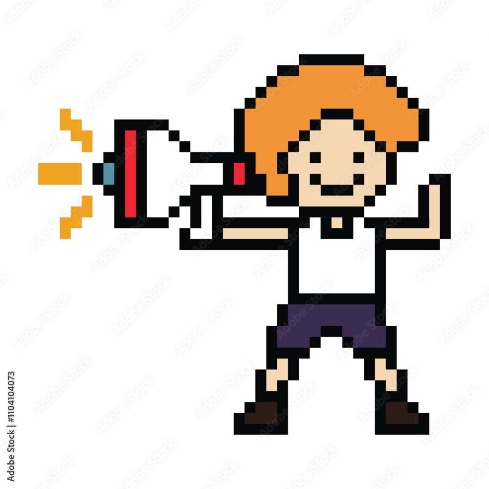 Obraz premium Cute pixel cartoon character man with megaphone announcement speaker information announce decoration 8 bit male boy megaphone cartoon pixel game png vector. 