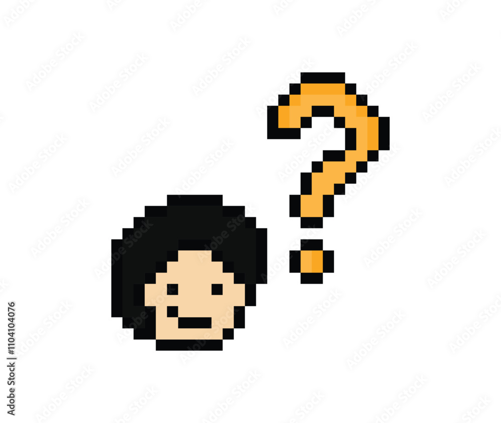 Fototapeta premium Cute pixel cartoon character man with question mark decoration 8 bit male boy confused idea question think choose cartoon pixel game 8 bit png vector.