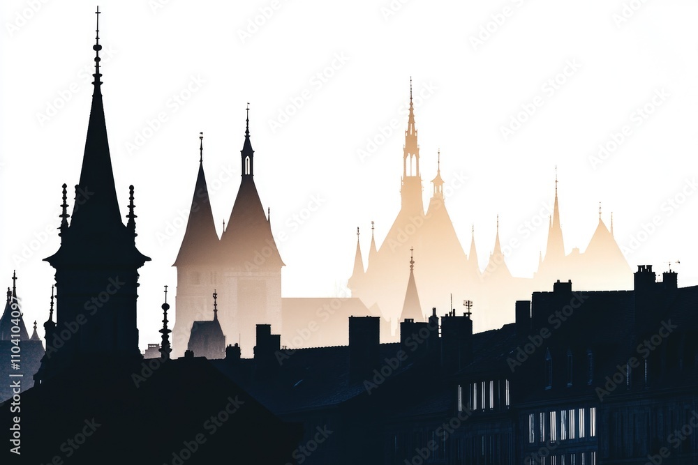 Silhouette of a city with a clock tower at sunset, perfect for travel and urban themes Silhouette of a city with a clock tower at sunset, perfect for travel and urban themes