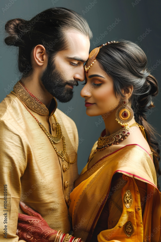 Elegant traditional indian couple embracing in colorful attire and jewelry Elegant traditional indian couple embracing in colorful attire and jewelry