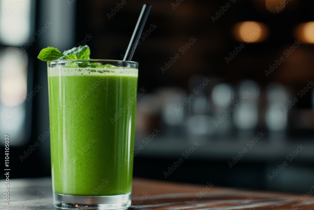 A refreshing green smoothie served in a glass with a mint garnish on a wooden table, representing health, rejuvenation, and natural vitality in a modern lifestyle context. A refreshing green smoothie served in a glass with a mint garnish on a wooden table, representing health, rejuvenation, and natural vitality in a modern lifestyle context.