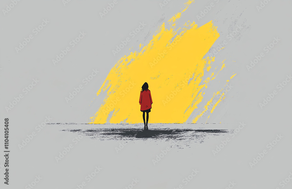 © cato_rium - Lonely girl on gray winter background in yellow square, loneliness and mental disorders concept. Banner template affective seasonal disorder, depression and mental problems with space for text