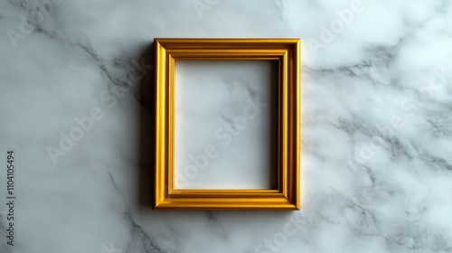 A luxurious golden frame lies elegantly on a marble surface, awaiting the placement of art, with its intricate design reflecting sophistication and timelessness. photo