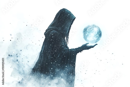 A celestial mage in a starry robe, holding a floating orb of light illustration stye isolate white background