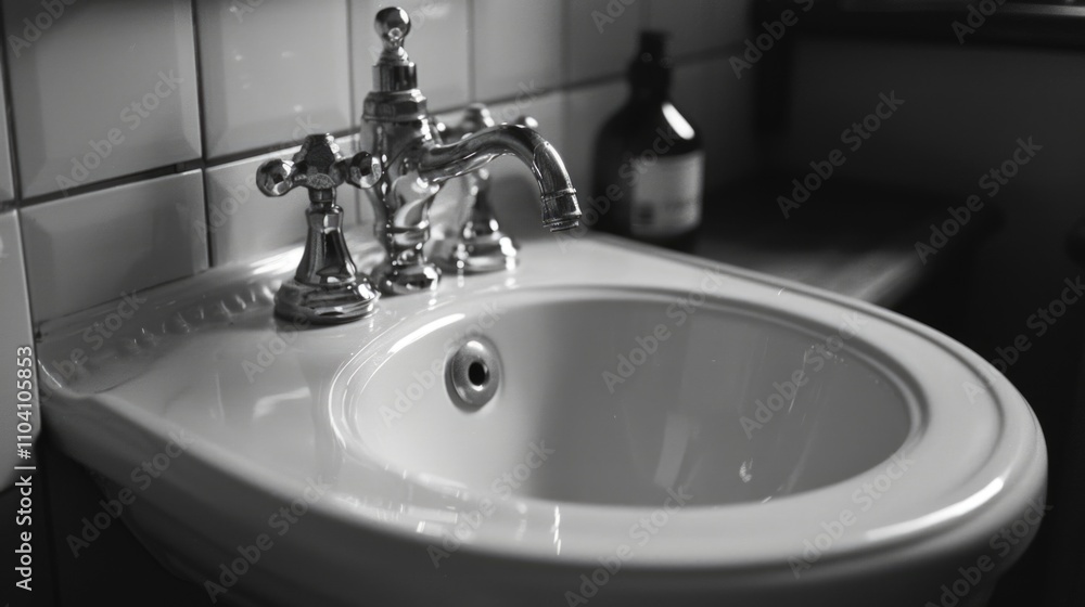 A standard-sized bathroom sink with a built-in soap dispenser A standard-sized bathroom sink with a built-in soap dispenser
