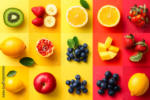 A variety of fruits are arranged in a grid on a yellow and red background photo