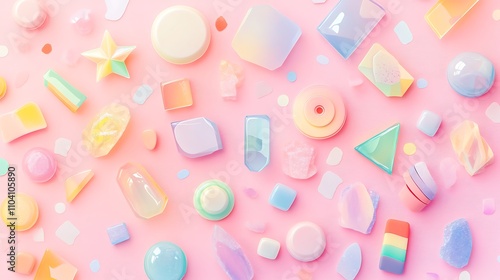 Pastel-themed sticker set with layered shapes and soft lighting effects