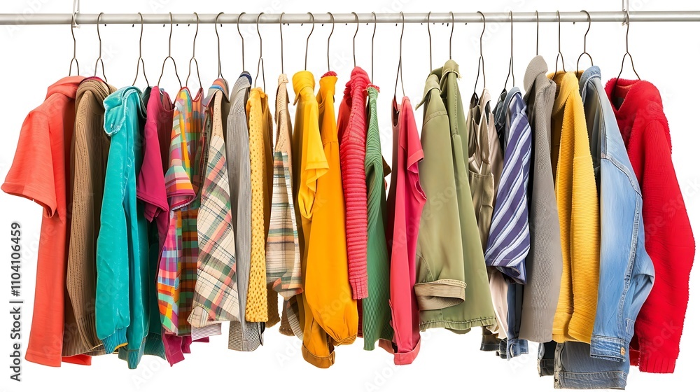 Clothes on a Hang Rail Isolated on a White Background, Showcasing Fashionable Outfits and Wardrobe Organization for Stylish Living Clothes on a Hang Rail Isolated on a White Background, Showcasing Fashionable Outfits and Wardrobe Organization for Stylish Living