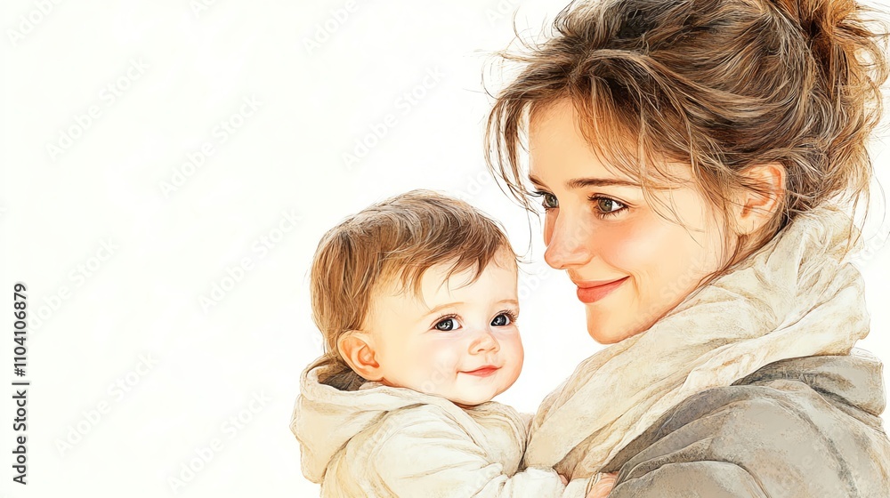A mother holding a baby in her arms, both smiling warmly illustration stye isolate white background A mother holding a baby in her arms, both smiling warmly illustration stye isolate white background