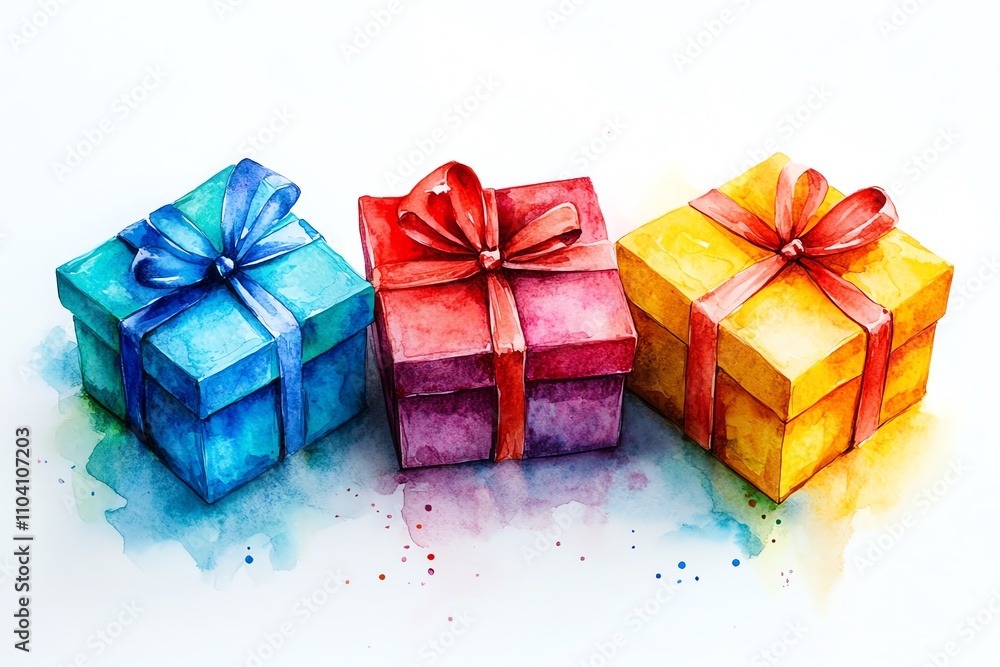 Obraz premium A set of watercolor styled gift boxes in vibrant red, yellow, blue, and green, tied with delicate ribbon bows on a clean white background