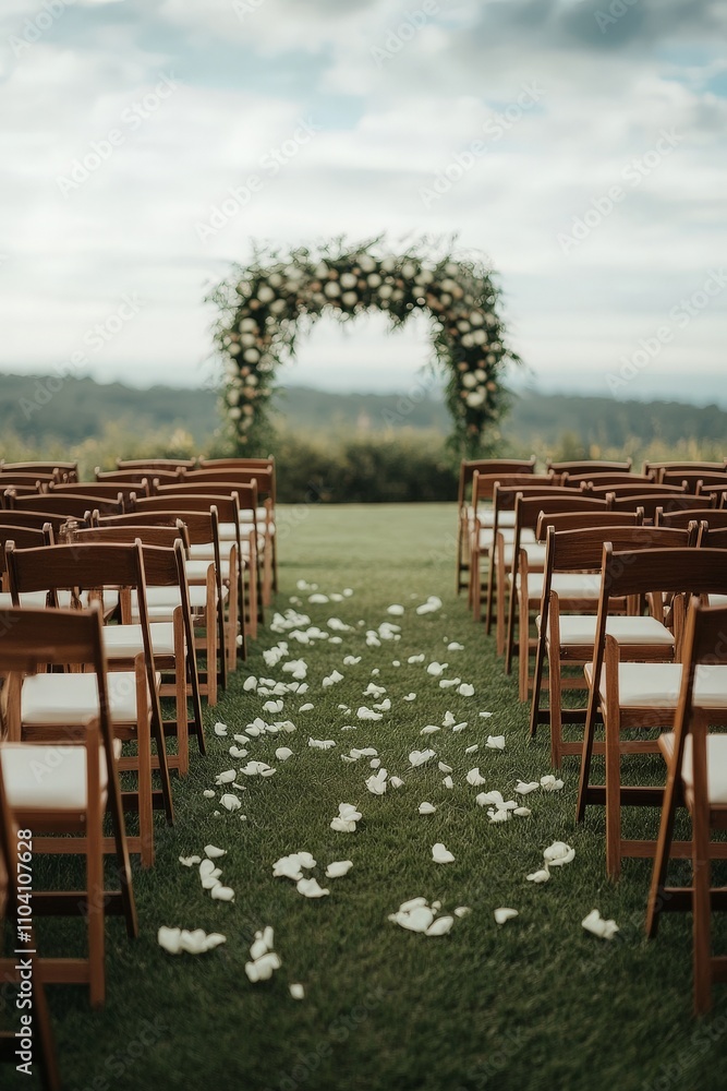 A serene outdoor wedding setting with wooden chairs, floral arch, and scattered white rose petals, highlighting a peaceful and romantic atmosphere.