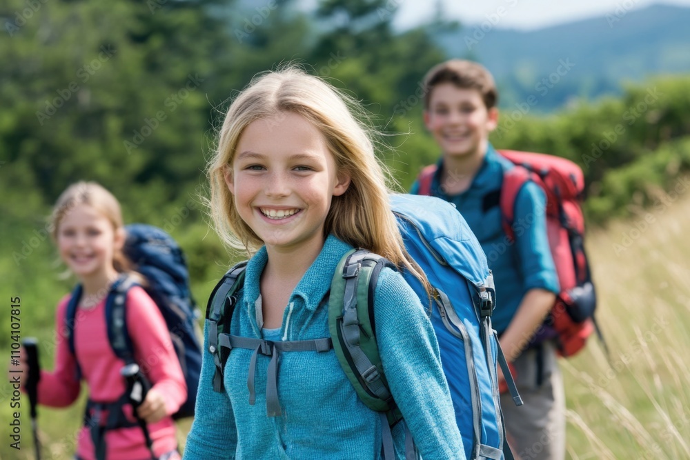 Group of children walking on a mountain trail with backpacks, great for outdoor adventure or education images Group of children walking on a mountain trail with backpacks, great for outdoor adventure or education images