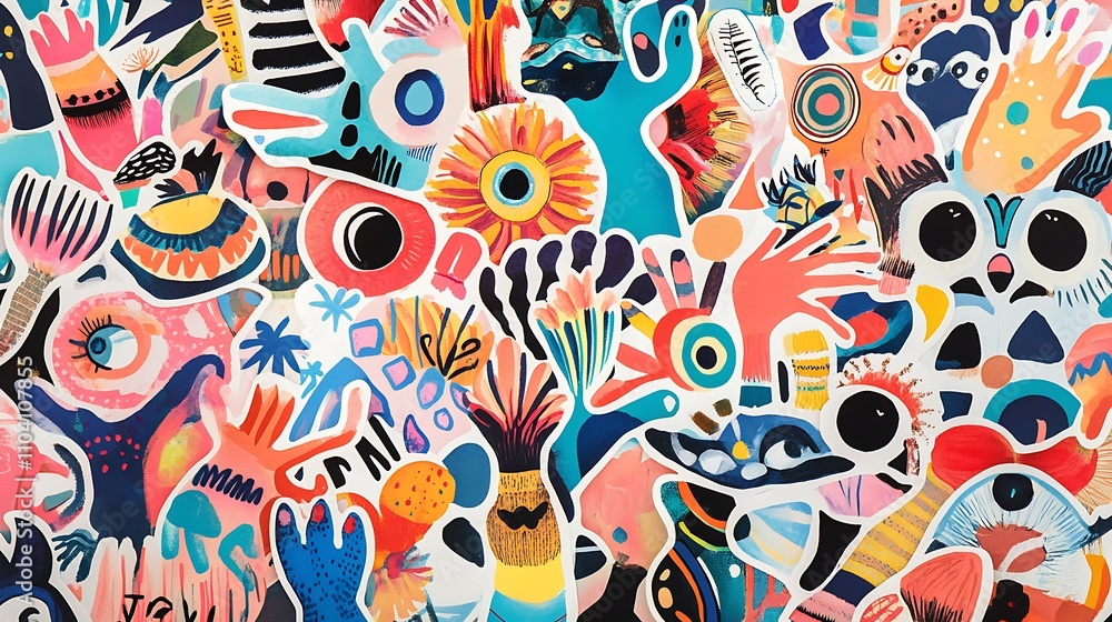 Bright sticker collection with playful patterns and energetic colors Bright sticker collection with playful patterns and energetic colors