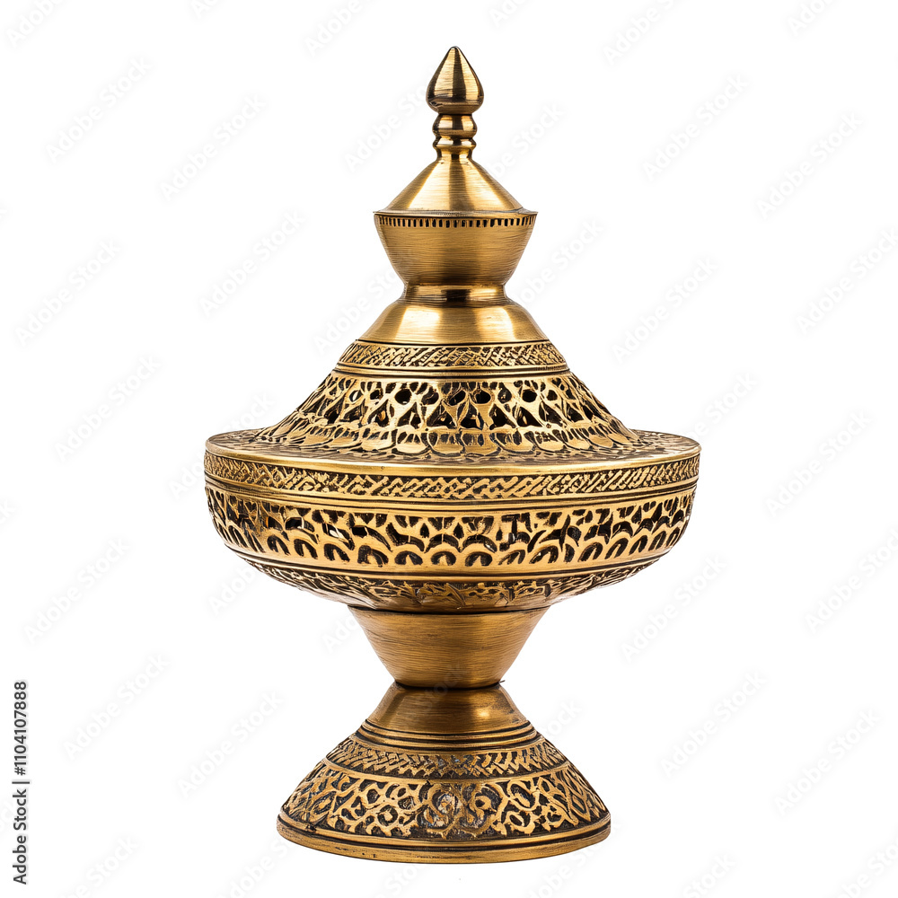 Traditional Indian brass oil lamp with intricate carvings on a white background Traditional Indian brass oil lamp with intricate carvings on a white background