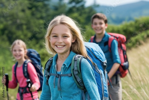 Group of children walking on a mountain trail with backpacks, great for outdoor adventure or education images