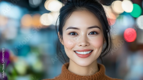 A cheerful woman beams with happiness while donning a cozy brown sweater, surrounded by blurred bokeh lights, capturing a moment of warmth and festive spirit.