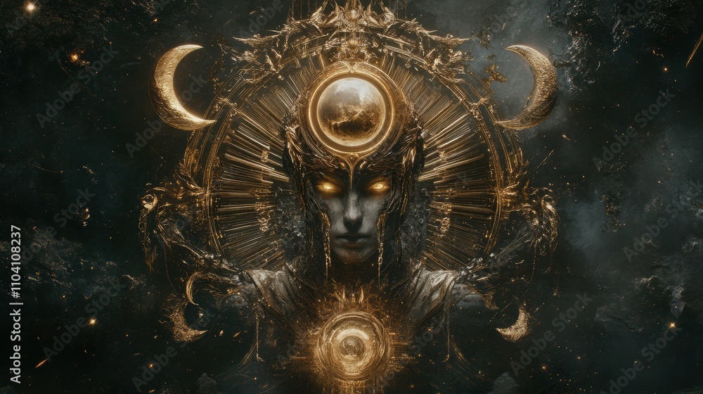 Golden goddess with glowing eyes and celestial orbs. Golden goddess with glowing eyes and celestial orbs.