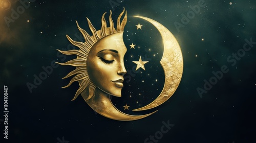 Golden sun and moon face with stars.