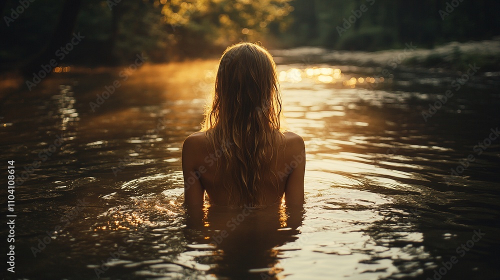 Woman wading in a sunlit river. Woman wading in a sunlit river.