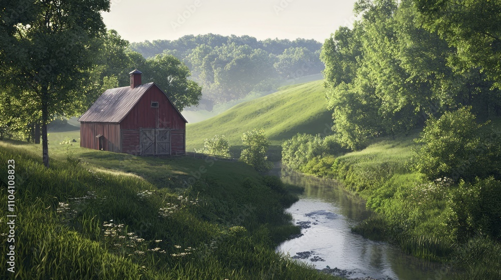 Serene Landscape with Weathered Red Barn, Lush Green Hills, and Tranquil Stream - Ultra-Detailed Photorealistic Image Serene Landscape with Weathered Red Barn, Lush Green Hills, and Tranquil Stream - Ultra-Detailed Photorealistic Image