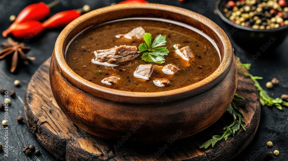 Hearty beef soup in a wooden bowl. Hearty beef soup in a wooden bowl.