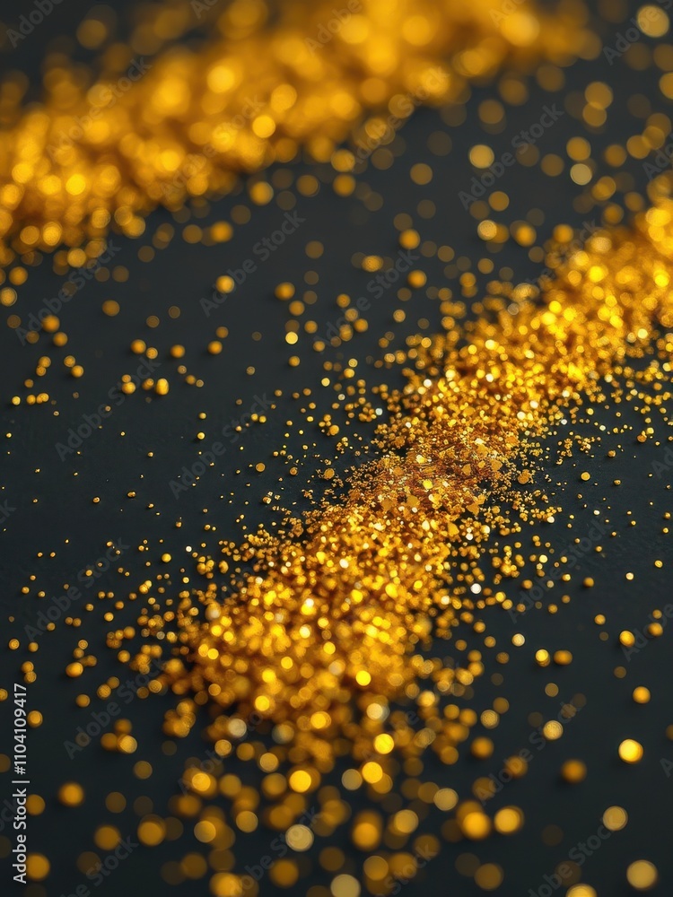 Close-up of golden glitter on a black paper background, shimmer, stylish, festive, sparkly Close-up of golden glitter on a black paper background, shimmer, stylish, festive, sparkly
