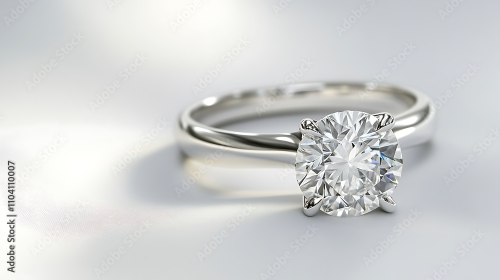 White diamond ring for angagment on a shiny white surface. White diamond ring for angagment on a shiny white surface.