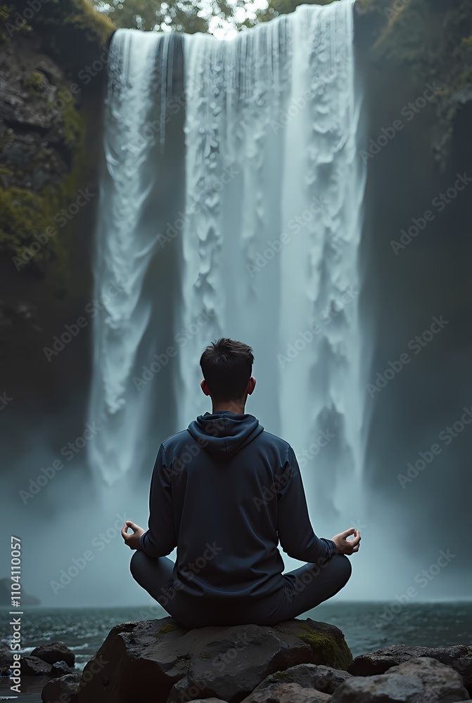 Obraz premium A man meditates by a waterfall