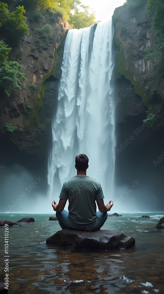 Obraz premium A man meditates by a waterfall