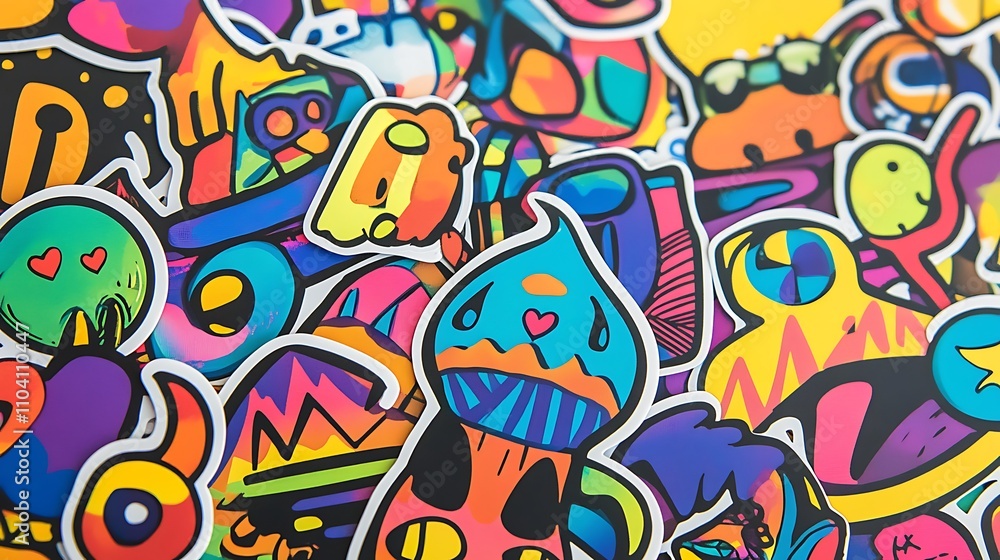Whimsical sticker collection with doodle-style patterns and vibrant hues Whimsical sticker collection with doodle-style patterns and vibrant hues