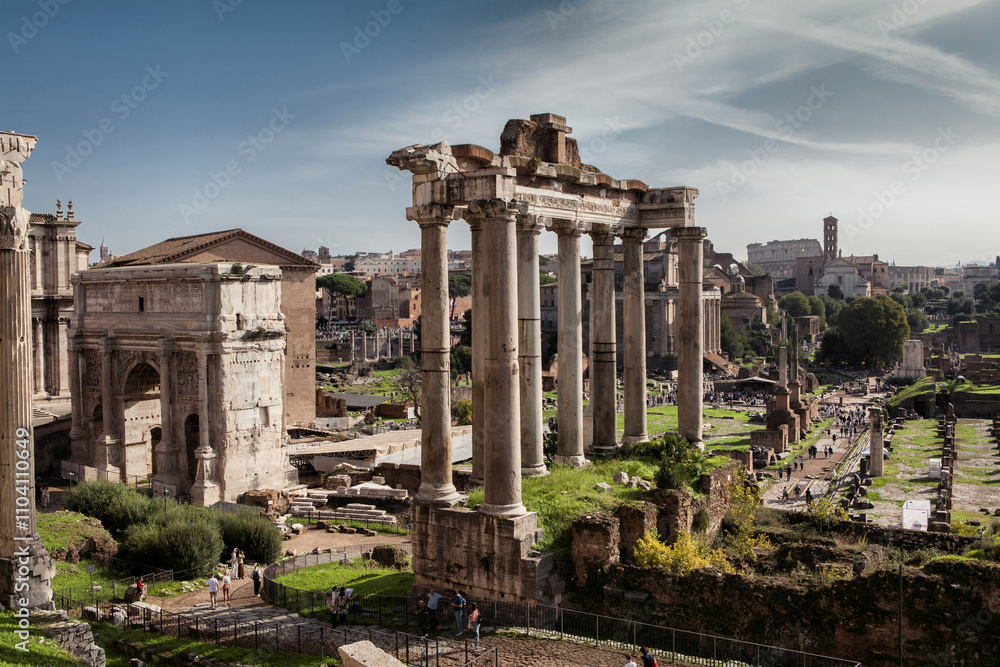 Fototapeta premium The Roman Forum also known by its Latin name Forum Romanum, is a rectangular forum surrounded by the ruins of several important ancient government buildings at the centre of the city of Rome. Italy