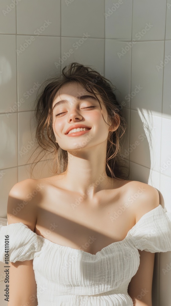 Woman basking in sunlit room with closed eyes smiling. Woman basking in sunlit room with closed eyes smiling.