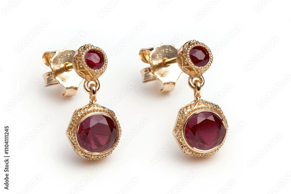 Pair of red stone earrings on a white surface, perfect for jewelry photography or product display Pair of red stone earrings on a white surface, perfect for jewelry photography or product display