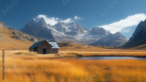 A serene landscape featuring a rustic cabin near a pond, surrounded by mountains and autumn foliage.