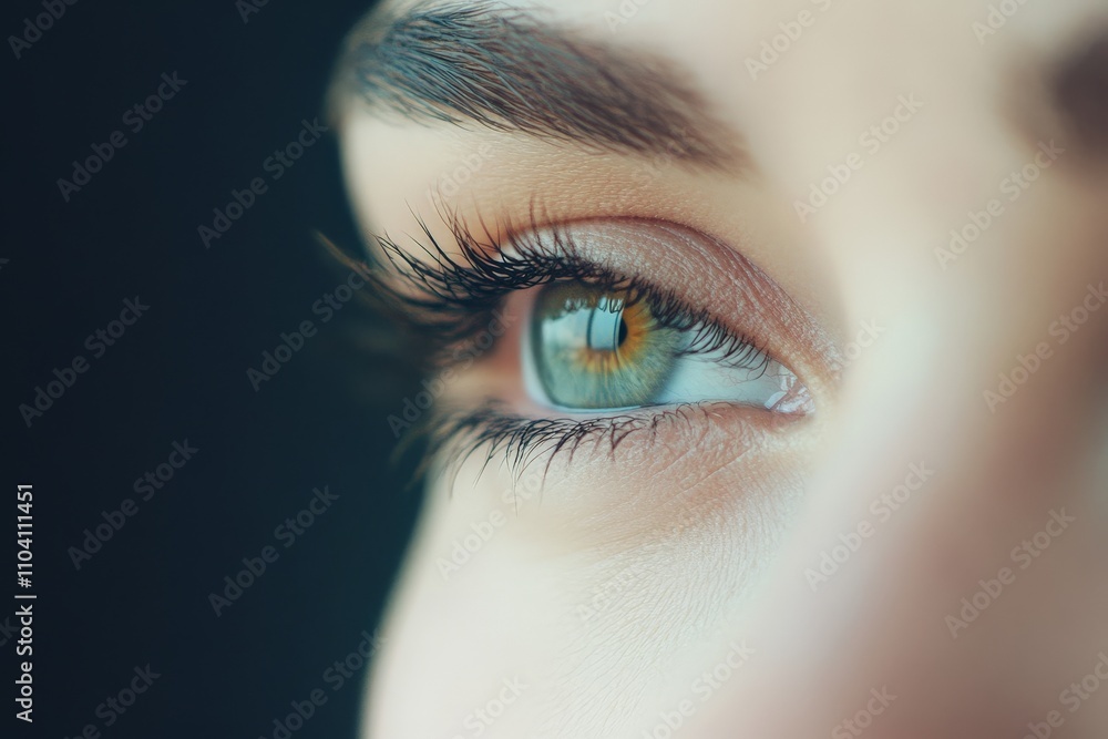 Obraz premium An artistic close-up of a striking blue eye, showcasing detailed eyelashes and vivid iris colors, with an emphasis on depth and clarity.