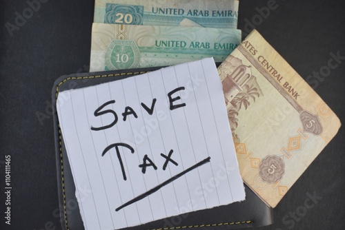 A closeup picture of a Dirham Note with a save tax slip