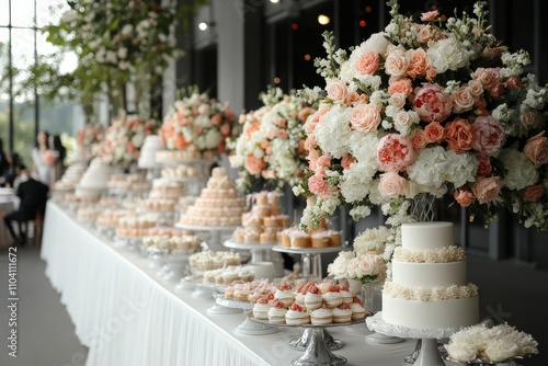 An exquisite display of wedding cakes and desserts on a long table, adorned with lush floral arrangements, showcasing a perfect blend of sweetness and elegance. photo