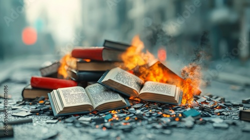 dystopia society concept. A pile of burning books on a street, symbolizing destruction and loss of knowledge in a dramatic and evocative scene.