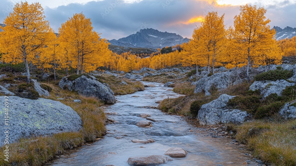 A serene landscape featuring a stream surrounded by vibrant autumn trees and rocky terrain. A serene landscape featuring a stream surrounded by vibrant autumn trees and rocky terrain.