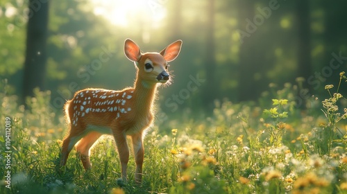 A young fawn stands in a field of wildflowers, bathed in the warm light of the setting sun.