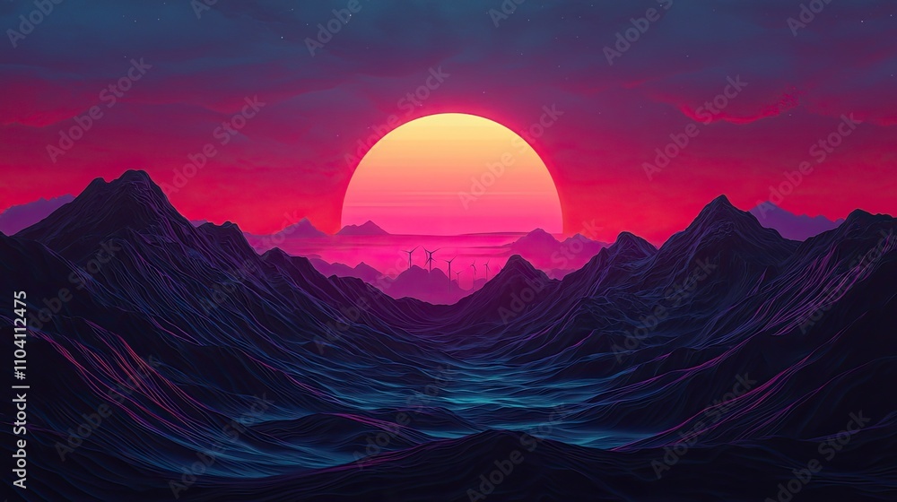 A vibrant digital landscape featuring a large, glowing sun setting behind dark, majestic mountains, creating a surreal and atmospheric scene. A vibrant digital landscape featuring a large, glowing sun setting behind dark, majestic mountains, creating a surreal and atmospheric scene.