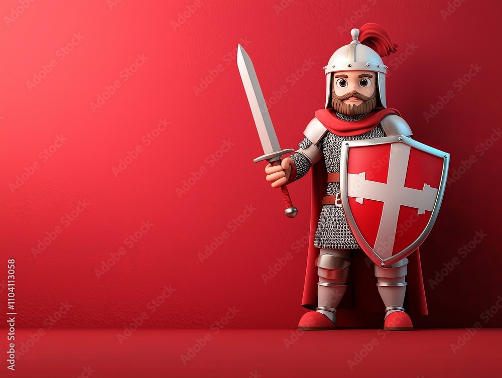 Obraz premium A Cartoon Knight in 3D Style Holding a Sword and Shield Against a Red Background, Ideal for Fantasy Themes and Child-Friendly Designs