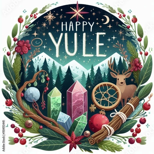 Konstfotografi Happy Yule. With Crystals and deer. Winter solstice. Nature.