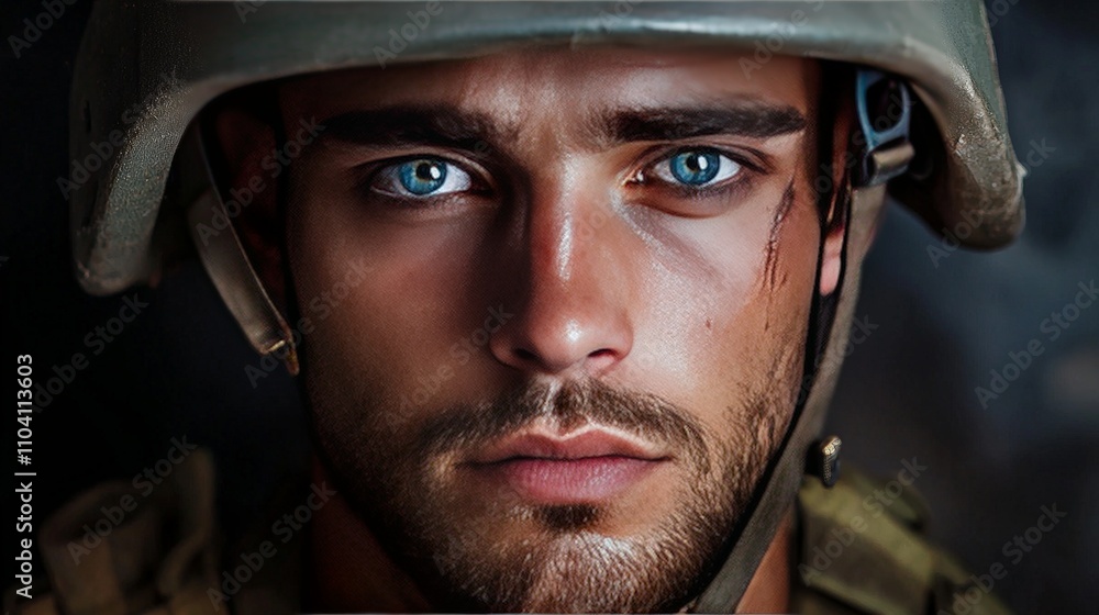 Close-up of a weathered soldier's face under a helmet, capturing intense emotions and resilience in challenging environments Close-up of a weathered soldier's face under a helmet, capturing intense emotions and resilience in challenging environments