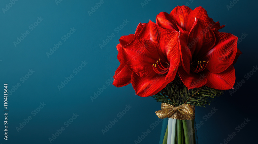 Elegant red amaryllis flowers in vase with pine, creating festive atmosphere. Perfect for holiday decor and celebrations Elegant red amaryllis flowers in vase with pine, creating festive atmosphere. Perfect for holiday decor and celebrations