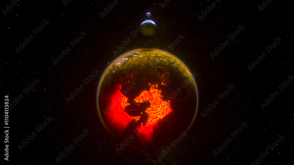 Obraz premium 3d render of surreal with astronomy science big stone hot sphere planet with volcanos crators and red lava with yellow atmosphere and yellow clouds in dark space with stars on back 