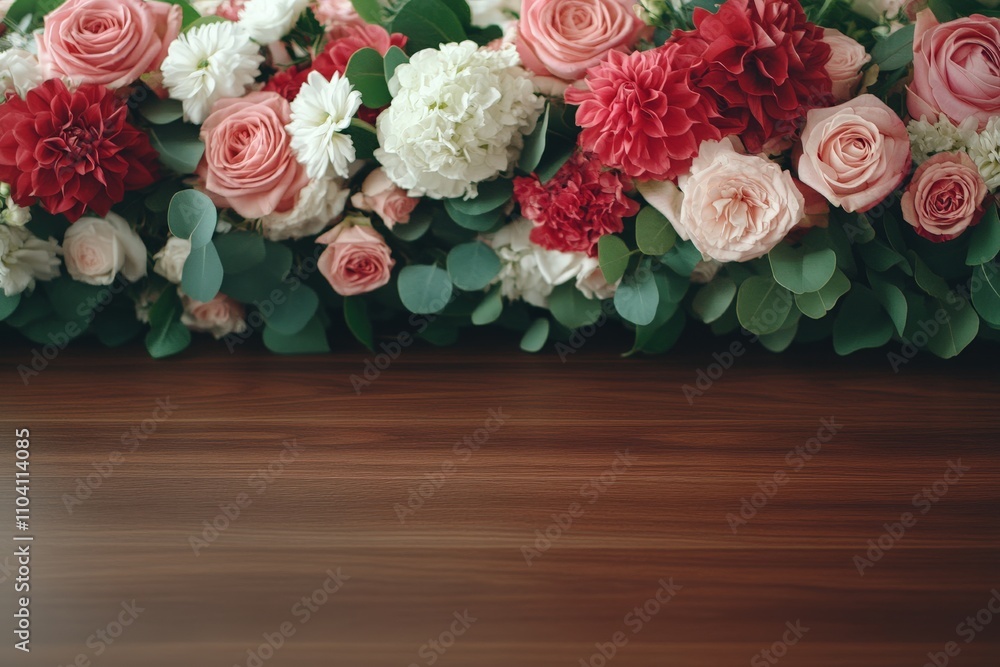 A lush display of pink, red, and white flowers rests on a wooden table, highlighting a charming composition of roses and dahlias, emanating elegance and vibrancy. A lush display of pink, red, and white flowers rests on a wooden table, highlighting a charming composition of roses and dahlias, emanating elegance and vibrancy.