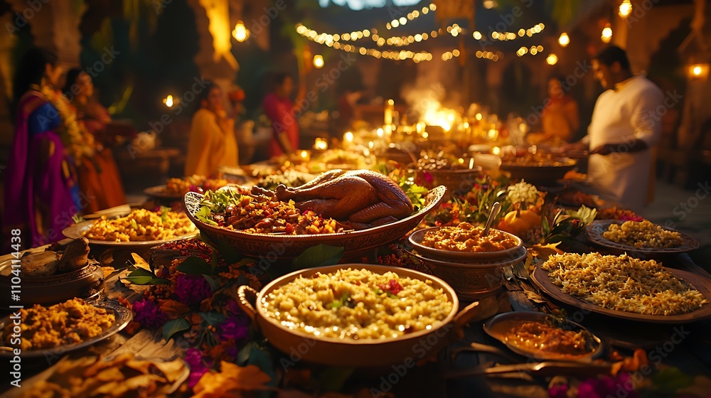 A Thanksgiving table with a fusion of cuisines, turkey alongside Caribbean jerk chicken, Italian risotto, and Indian biryani, surrounded by guests enjoying the cultural spread, A Thanksgiving table with a fusion of cuisines, turkey alongside Caribbean jerk chicken, Italian risotto, and Indian biryani, surrounded by guests enjoying the cultural spread,